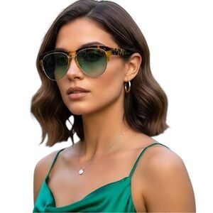 Linda Farrow Erdem Clubmaster Aviator Tortoise Shell Sunglasses With Green Lens